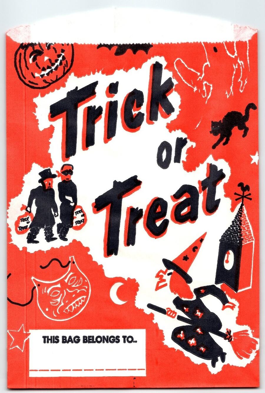 Vintage Halloween Paper Trick or Treat Bag 7x10.5in Retro Witch Black Cat Mask